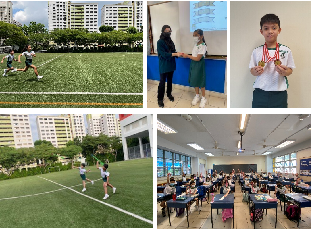 Five school scenes: students running on a field, a medal award handshake, a boy holding gold medals, kids skipping rope, and a classroom.